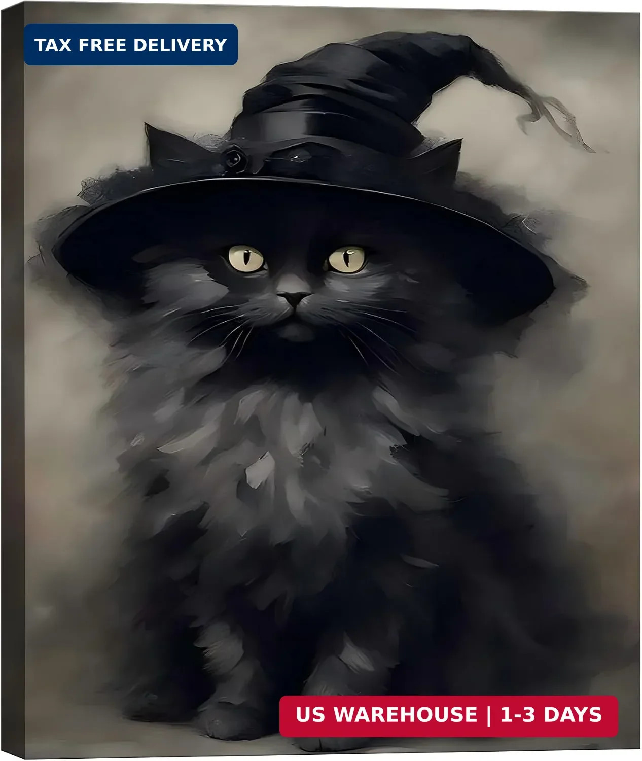 Framed Halloween Black Cat Canvas Wall Art, Cute Witch Kitten Wearing a Magic Ha