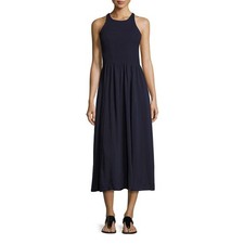Tory Burch Smocked Racer Back Midi Fit & Flare Dress Style in Navy, M