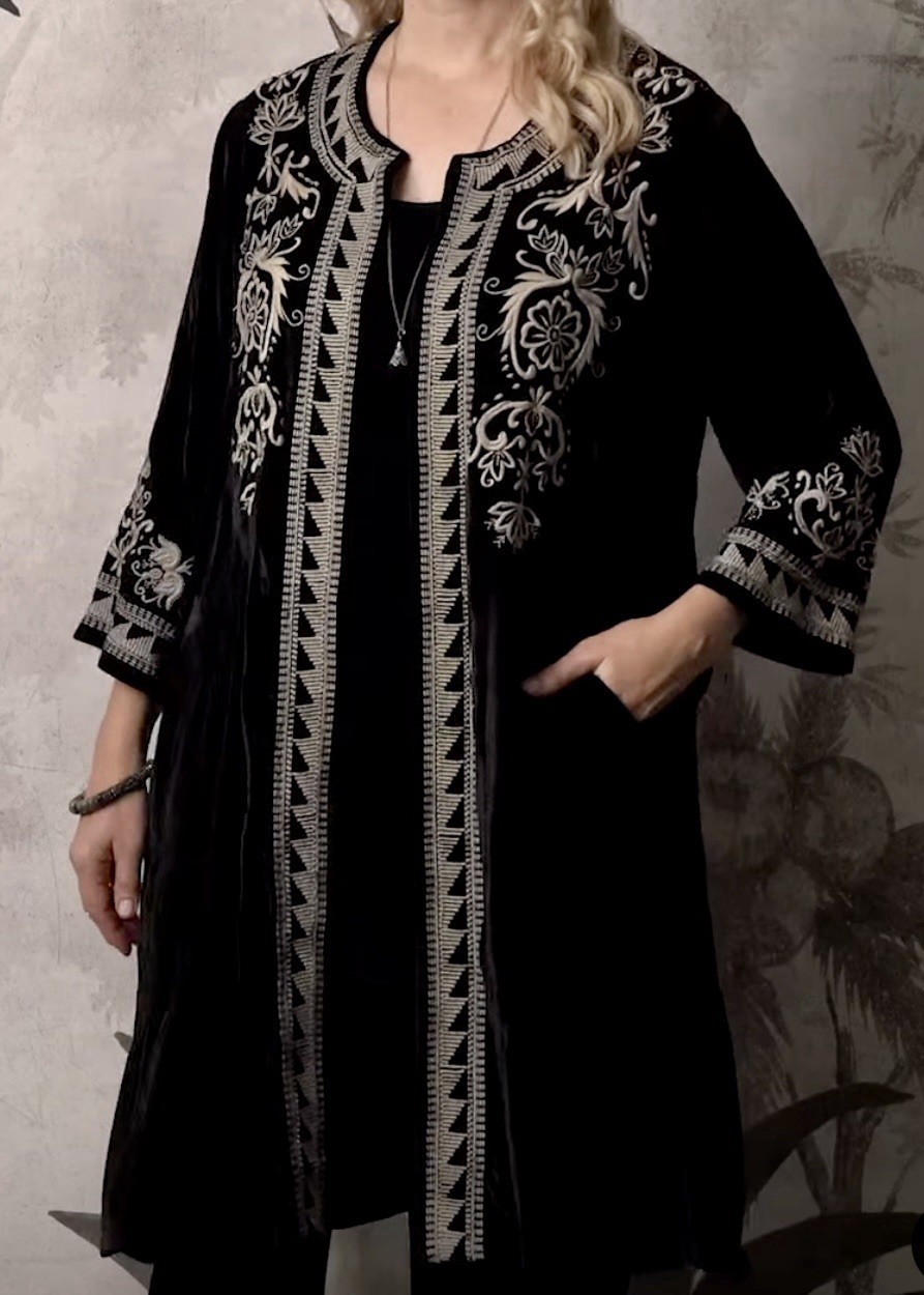 Johnny Was L Long Black Velvet Kimono Wrap Jacket Duster Embroidery $595 Ret NWT