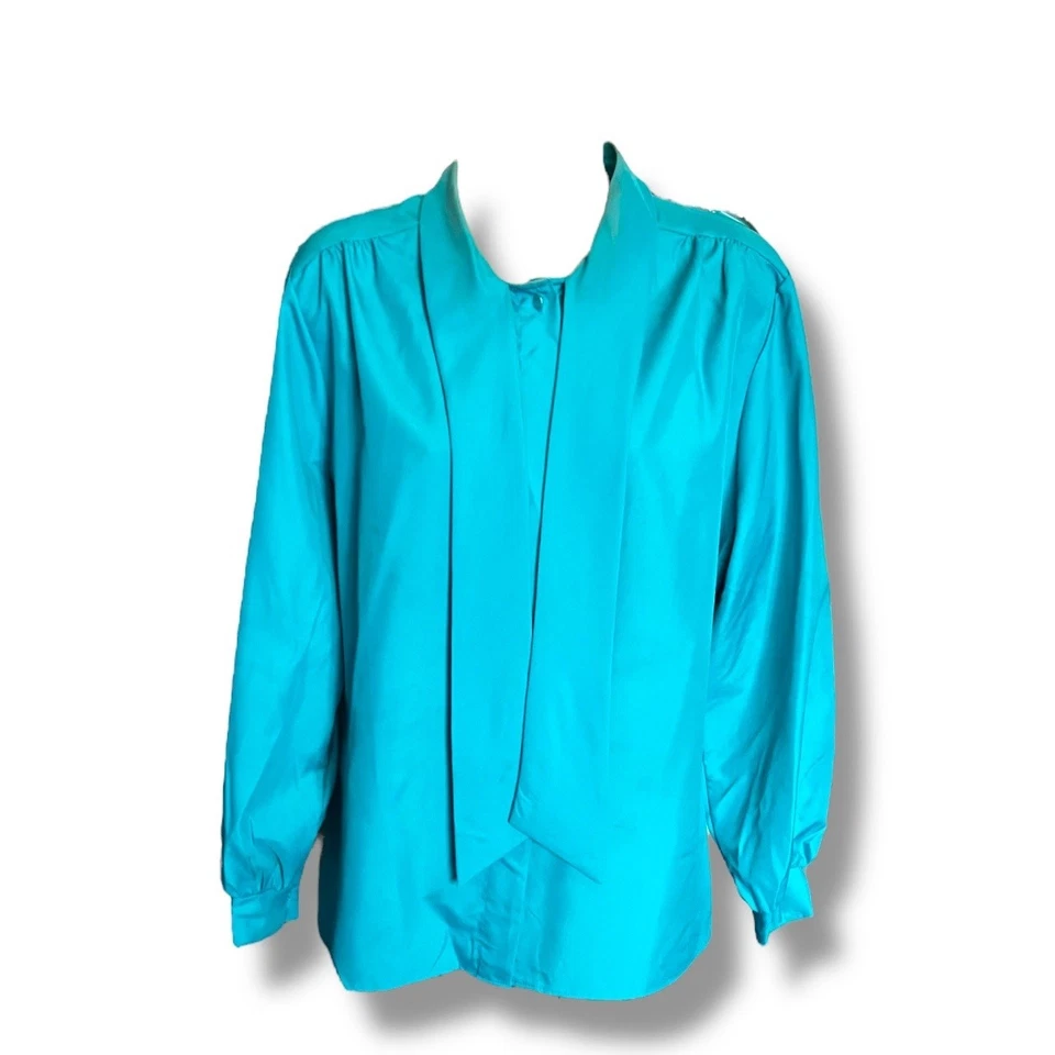 Vintage Turquoise Secretary Blouse 80s Long Sleeve Tie Neck Womens Size XL - Image 2 of 4