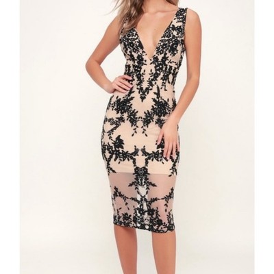 BARDOT Size 4 XS Dress Sheer Mesh Floral Embroidered pencil wiggle Beige Black