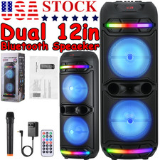 Dual 12" Bluetooth Karaoke Party Speakers Rechargeable w/ Wireless Mic Lights