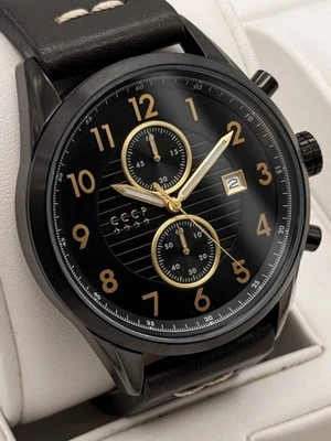 CCCP Quarz Chronograph Herrenuhr CP-7029 Lederarmband Schwarz Gold Datumsbox - Bild 1 von 4