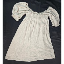 SUGAR+LIPS Off Shoulder Smocked Puff Sleeve Linen Blend Lined Dress Beige Size S