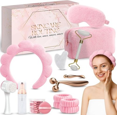 Pink Skincare Tool Set for Teens: Facial Roller, Gua Sha, Cleansing