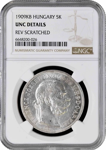 Hungary 5 korona 1909, NGC UNC Det., "Emperor Franz Joseph I (1867 - 1916)"