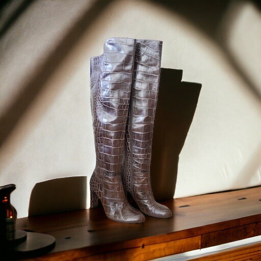 STUART WEITZMAN Vigo Crocodile Embossed Leather Over The Knee Boot Heel Sz  10 M