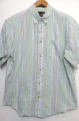 Consensus Sportswear Shirt Mens Large Blue Green Striped Button Up Short Sleeve