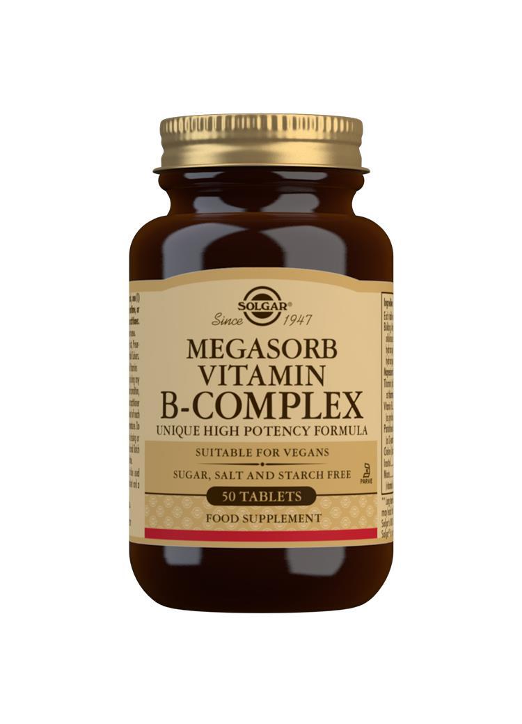 Solgar Megasorb vitamina complejo B alta potencia 50 tabletas, soporte energético