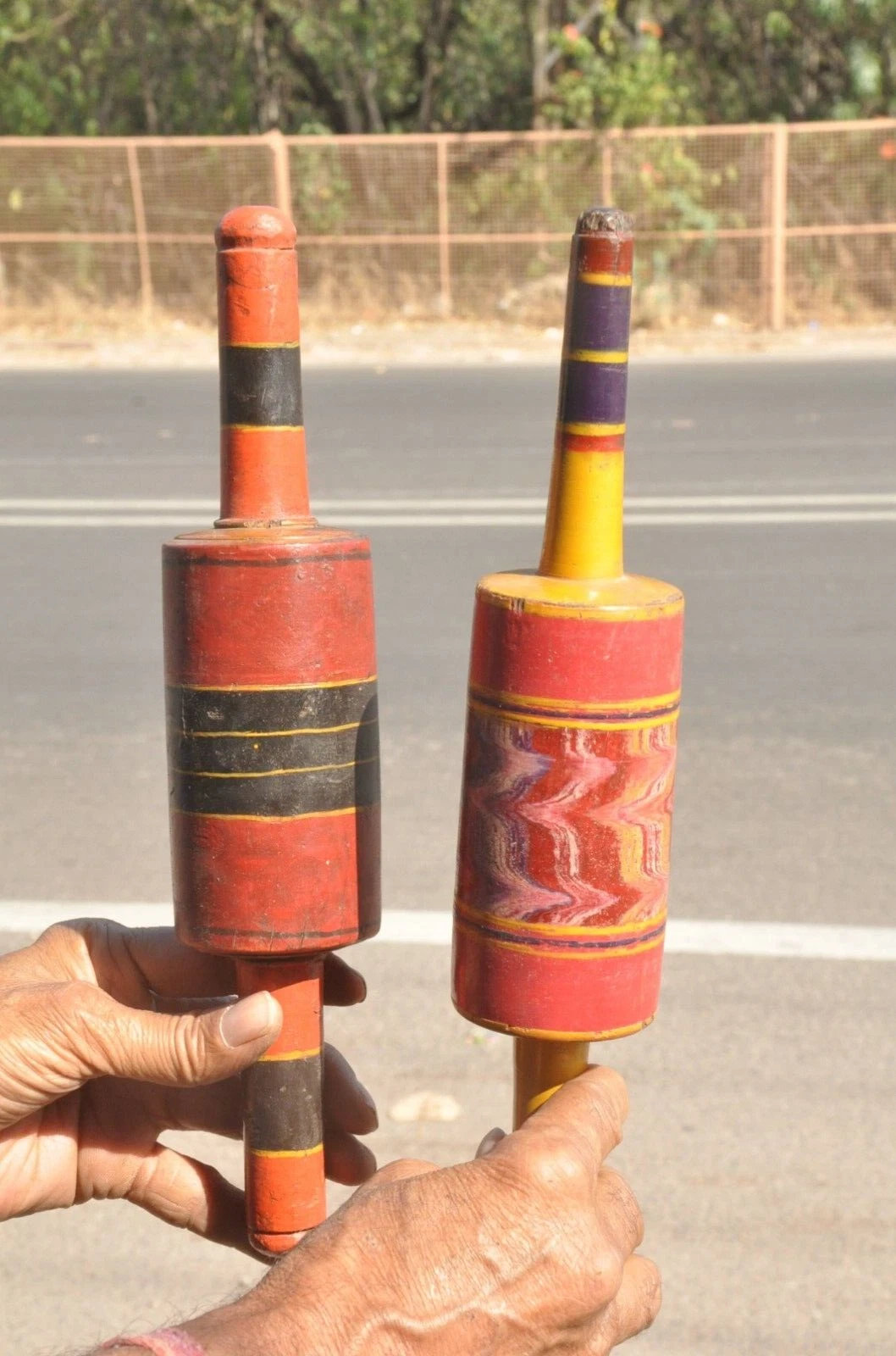 2 Pc Vintage Strips Design Painted Handcrafted Wooden Colorful Rolling Pins