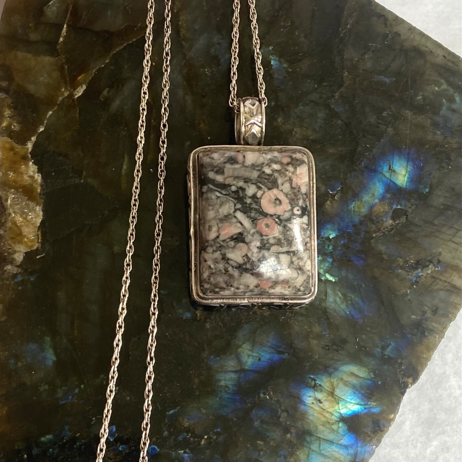 Sterling Silver 925 Rectangular Crinoid Fossil Ca… - image 1