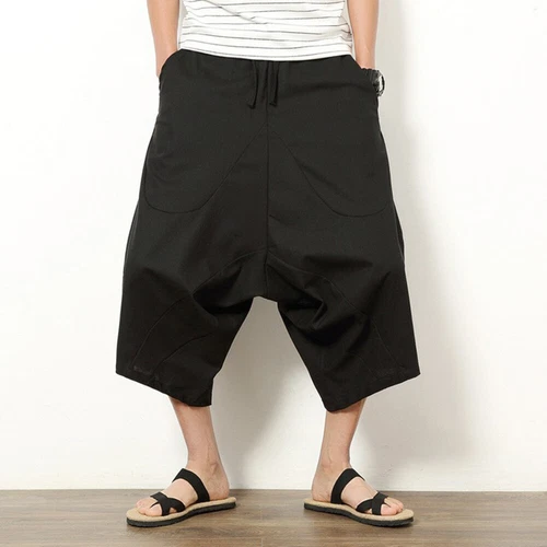 Men Linen Capri Wide Leg Pants Shorts Drop Crotch Harem Trousers Crop Loose - Bild 4 von 23
