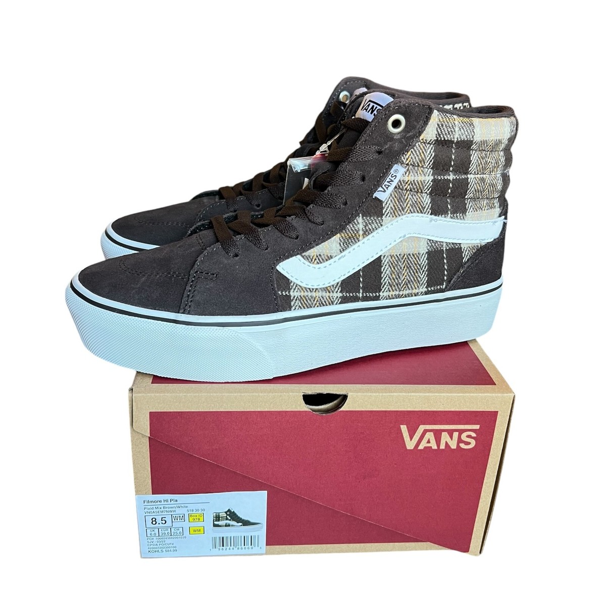 Vans Filmore Hi Plaid Sizes 8-11 Women's Platform Shoes Brown