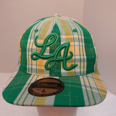 Leader Sports Embroidered LA Fitted Green Yellow Plaid Hat Cap Size Large 