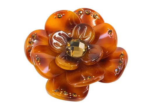 VTG RHINESTONE CRYSTAL JEWELED BROWN CELLULOID ACETATE CAMELLIA FLOWER BROOCH - Picture 2 of 16