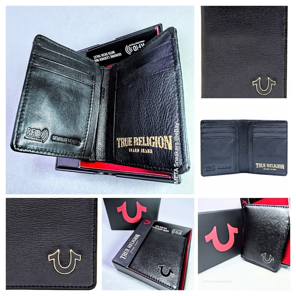 True Religion RFID Leather Bifold Wallet   Black Gold Horseshoe  Slim Front New thumbnail 2
