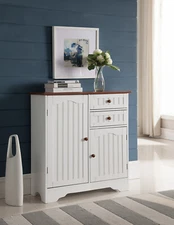 Kings Brand Furniture White / Walnut Finish Wood Kitchen Storage Buffet Cabinet