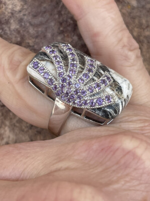 Edelstein Insider Sterlingsilber Büffel & Amethyst Nord-Süd Überlagerung Ring Größe 7