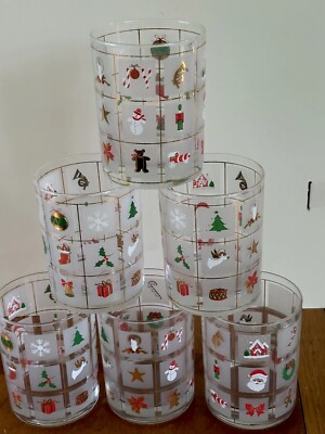 Vintage Culver Set of 6 Christmas Potpourri MCM Glasses double old fashioned