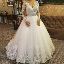 Plus Size A-line Wedding Dresses V Neck Long Sleeves Tulle Applique Bridal Gowns
