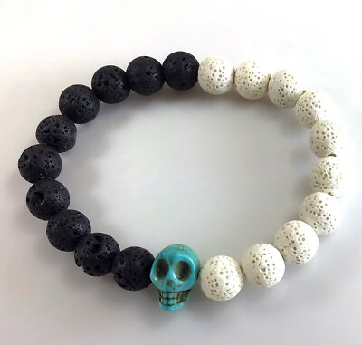 Black and white lava stone round beaded bracelet with skull pendant gemstone