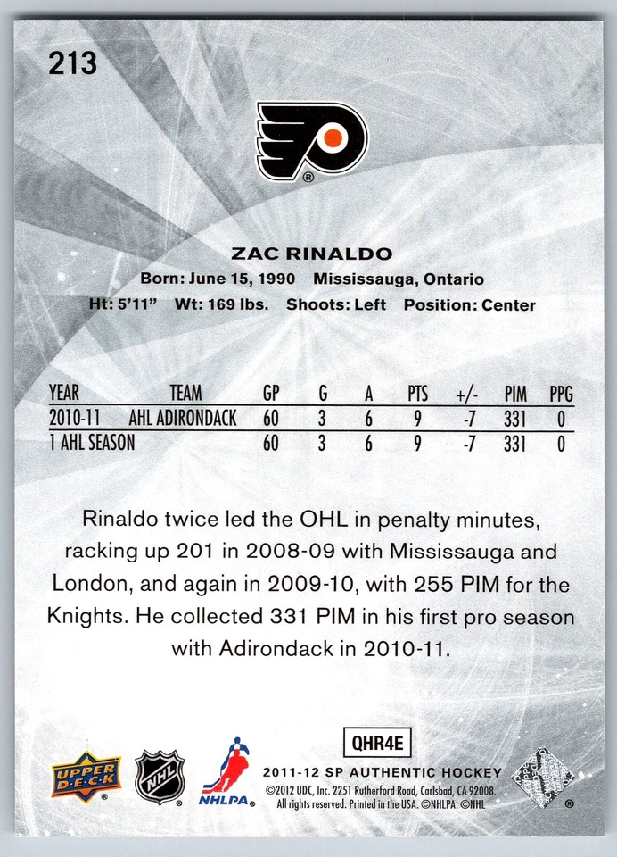 Zac Rinaldo 2011-12 SP Authentic Future Watch #213 Rookie RC Flyers /999 - Image 2 of 2