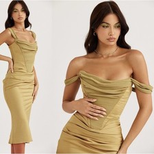 NEW House of CB Natalya Olive green Satin Corset Midi Dress Sz XS
