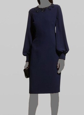 $540 Rickie Freeman for Teri Jon Women's Blue Beaded Crepe Sheath Dress Size 2
