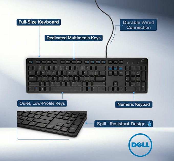 Dell Keyboard Slim Wired Keyboard USB Connection - KB216 BK-US  - US SELLER