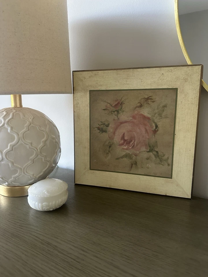 Cheri Blum Pale Pink Rose On Antique Linen Vintage Floral Print On Board 12x12 — 第 2/4 张图片