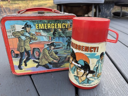 1973 Aladdin Emergency! Metal Lunchbox Lunch Box Thermos Truck 51 Firefighter