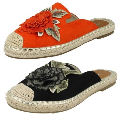 Spot On Ladies Flower Embellishment Espadrille Mules