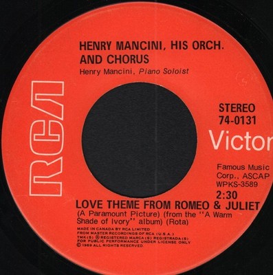 Henry Mancini and His Orchestra Love Theme From Romeo & Juliet 7'' vinyl Canada