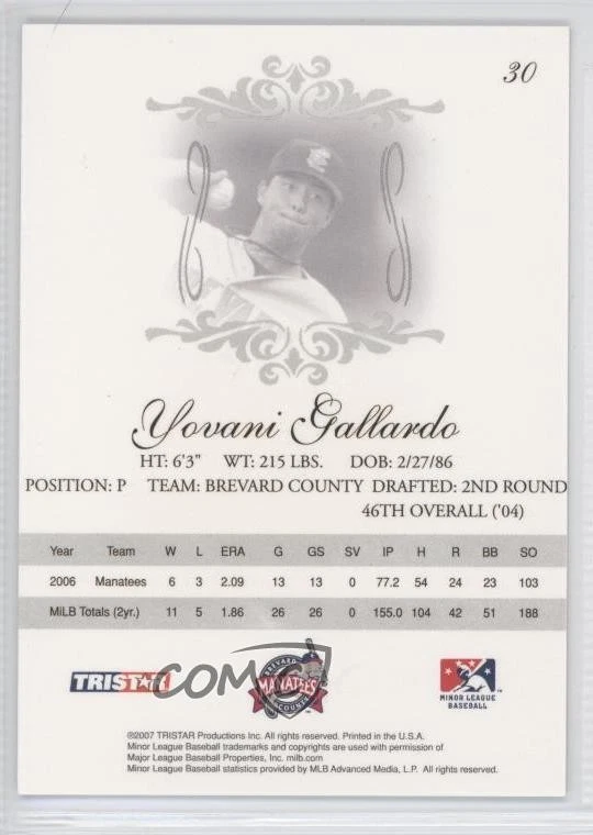 2007 TRISTAR Elegance Yovani Gallardo #30 Rookie RC - Image 2 of 2