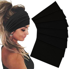 Wide Stretch Headbands for Women, Boho Hair Bands, Black, 6 Pack