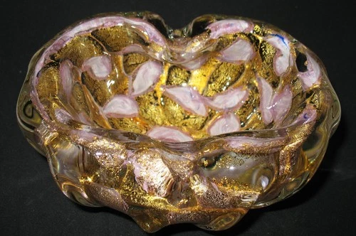 Vtg Murano Glass Thumbprint Bowl/Ashtray w Gold Flakes + Pink/Lavender Splotches