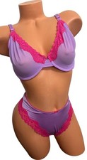 Victoria's Secret Tease Unlined Demi Bra Sheer Thong Set Purple Pink 38D/XL