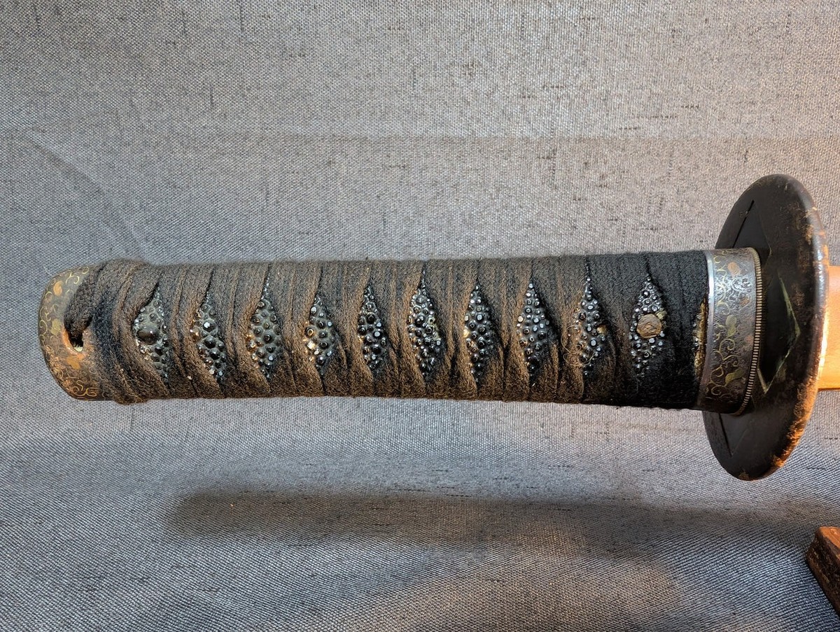 Mumei Wakizashi 54.2cm with Iron Geometric Tsuba and Brass