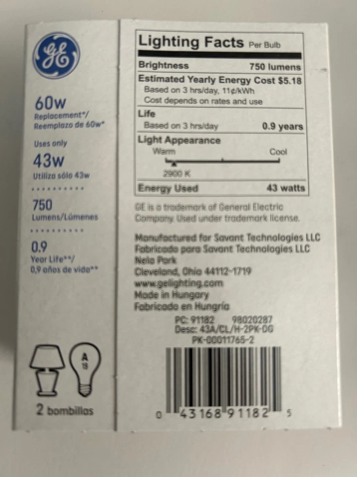 12 Bulbs 6 Pack Light Bulbs GE Clear Glass 43watt equivalent to 60w Dimmable A19 - Image 3 of 4