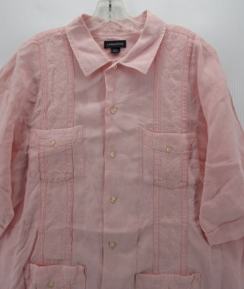 VINTAGE Lands End Shirt Men XL Pink Linen Guayabera Embroidered Y2K Resortwear * - Image 2 of 4