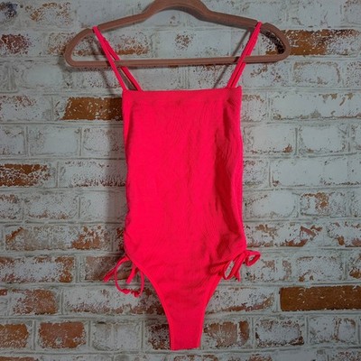 Out From Under One Piece Bodysuit Womens XS/S Neon Pink Textured Ribbed Tie Side