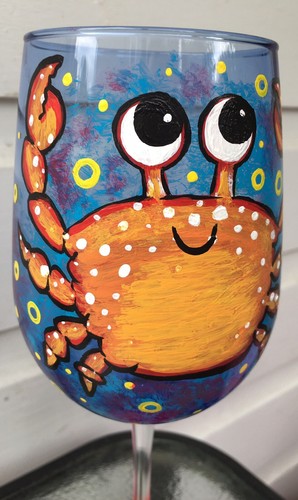 Verre à vin peint 16 onces fabriqué à la main thème de plage crabe barware coloré - Photo 9/12