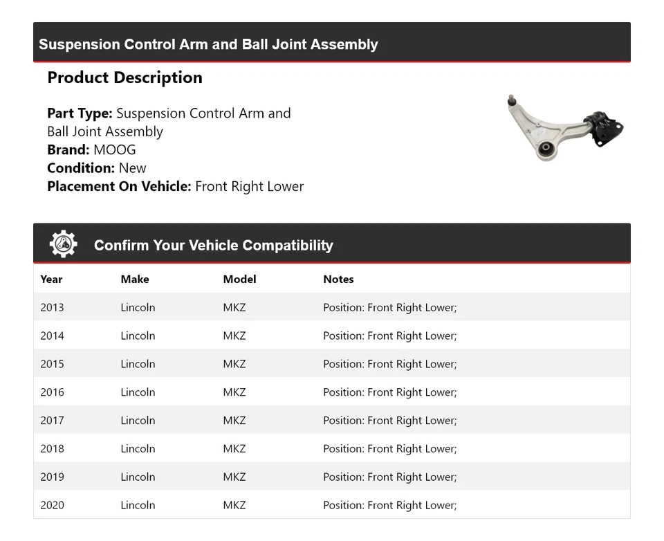 Conjunto de rótula de brazo de control delantero derecho inferior MO para Lincoln MKZ 2013-2020 Foto 2 de 4