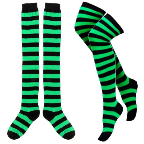 GREEN & BLACK STRIPE SOCKS Soft Cotton Long Over Knee Halloween Witch Stockings - Picture 1 of 3