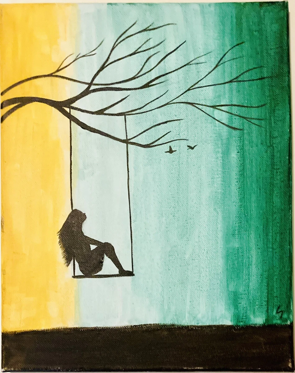 Signed Painting Girl Rope Swing Tree Peace Meditate Yoga Inspirational Wall  Art