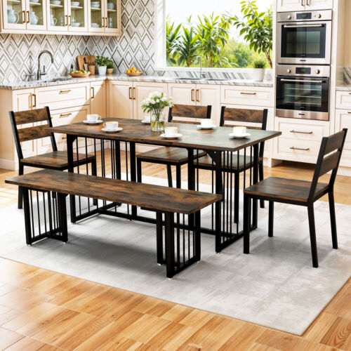 63" 6-Piece Farmhouse Dining Table Set Kitchen Table Set with Bench & 4 Chair