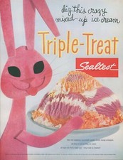 1955 Sealtest Triple Treat Giant Pink Rabbit Dig Crazy Mixed Ice Cream Ad SP22