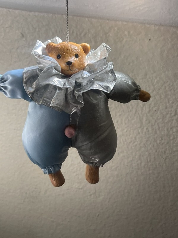 Porcelain Bear Hanging Ornament - Blue & Silver Costume & Frilly Collar CUTE!