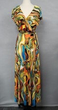VTG JANETTE  Maxi Dress M Womens Artsy Stretch Art To Wear Orange Blue Yellow