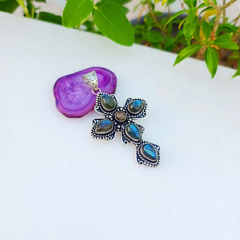 Labradorite Cross Pendant 925 Sterling Silver Handmade Gemstone Jewelry 2.85" - Image 2 of 4